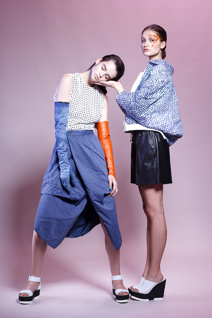 Left - Top: Victoria by Victoria Beckham, Gloves: Elena Savo, Skirt: November, Shoes: Palomitas Right - Jacket: Elena Savo, Leather Shorts: Victoria by Victoria Beckham, Shoes: Palomitas