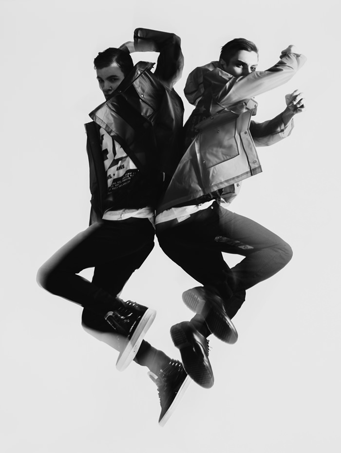 FELIX is wearing Jacket - Topman, Top - Homme Femme, Jeans - Levi's, Shoes - Vlado ANTHONY is wearing Jacket - Topman, Top - Homme Femme, Jeans - A.P.C, Shoes - Dr Martens