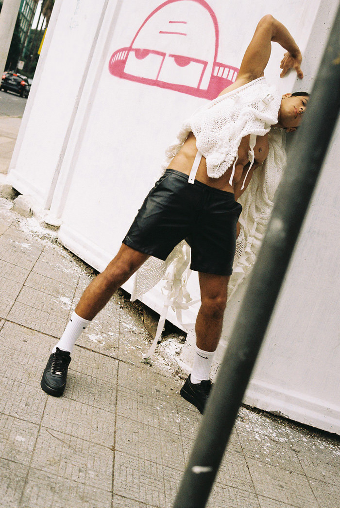 dress used as a coat OCKSÅ | shorts AMERICAN APPAREL | socks and sneakers NIKE