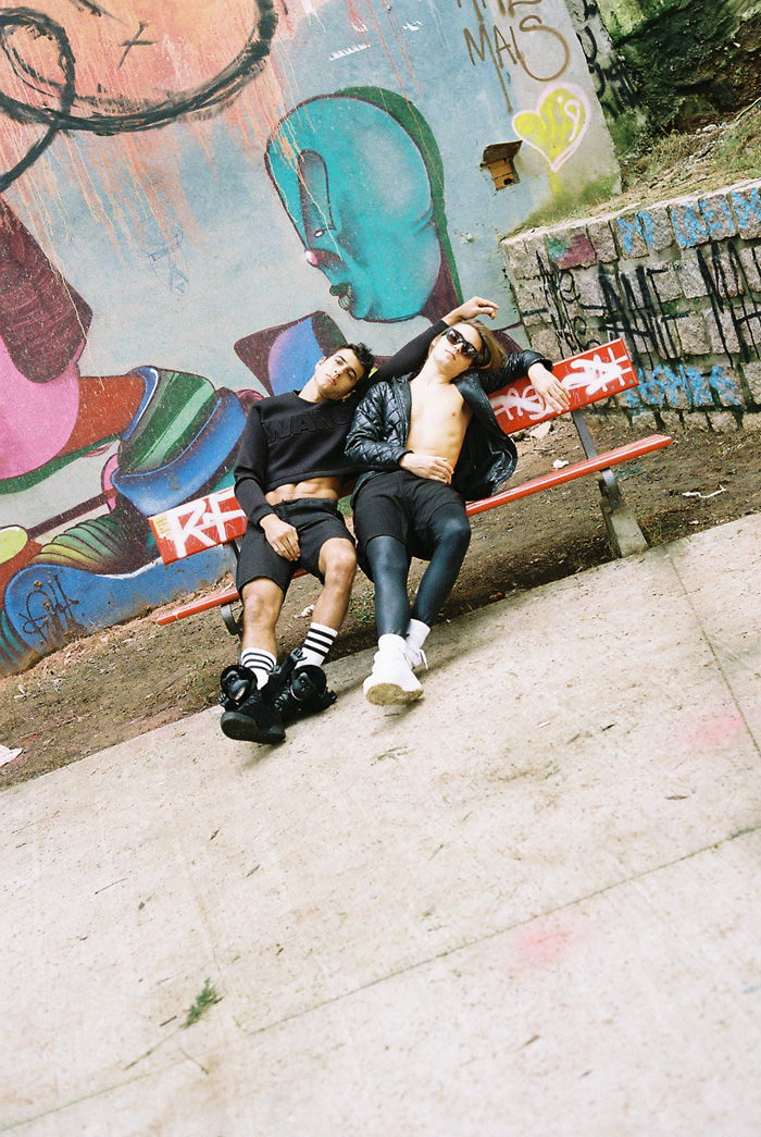 left: shorts and crop topped ALEXANDER WANG FOR H&M | sneakers JEREMY SCOTT FOR ADIDAS | socks AMERICAN APPAREL right: sunglasses ALEXANDER WANG FOR H&M | sneakers NIKE | pants and coat STYLIST'S OWN