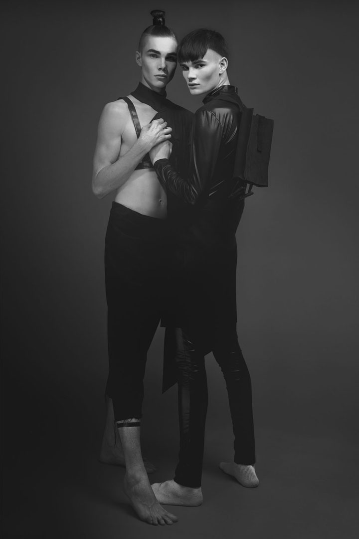 Harness by UY, half vest by Don Aretino,  Pants by Gabriele Papi. Polyester unisex suit and skirt with suspenders  attached to back pack all by UY