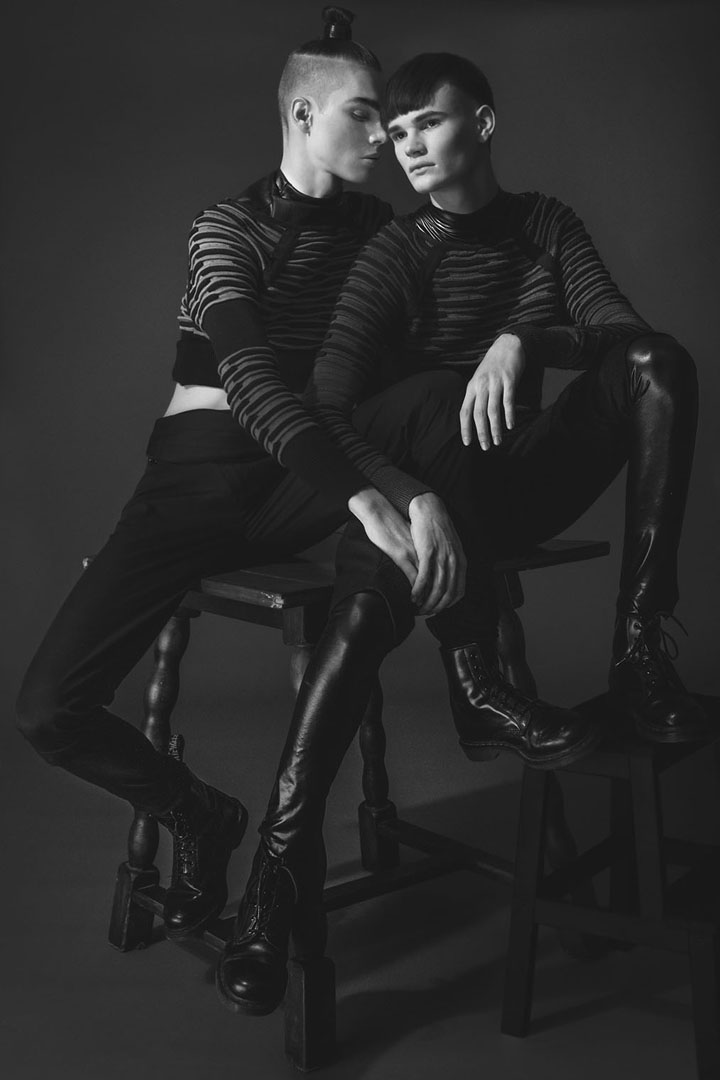 Twins tight sweaters  and hig waist ninja pants all by Gabriele Papi,  polyester suit by UY