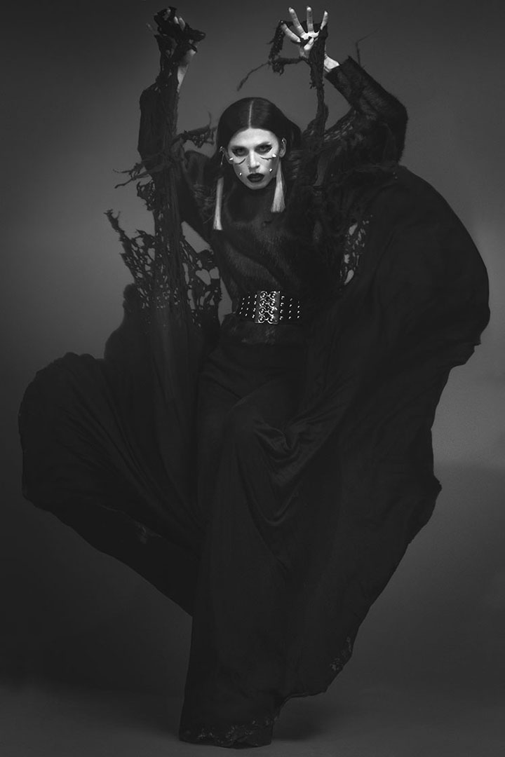 Cow fur jumper and hig waist flared pants,  with manipulated finishing all by UY