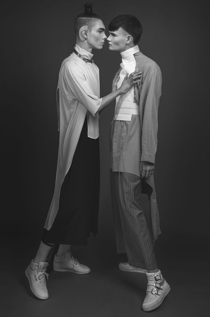 Floating elastic vest by Christopher Paepke,  hakama cotton pants by Gabriele Papi,  white top by UY, white silver plated bronze earring cuffs by Bjorg featuring a hammered metal crescent design  with beige horse hair accent