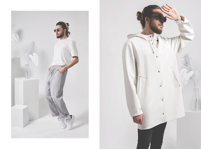 (Left) shoes Adidas, socks Adidas, pants vintage t-shirt Rockamora, glasses ASOS (right) trench coat Stutterheim, glasses Spitfire, shoes Underground, socks H&M, pants H&M