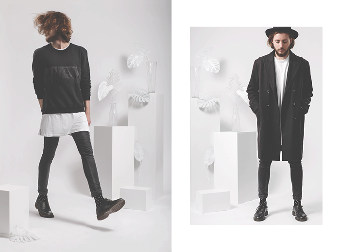 (Left) shoes Dr.Martens, socks H&M, pants H&M, t-shirt Rockamora, pullover The Ragged Priest (right) shoes Dr.Martens, socks H&M, pants H&M, t-shirt Rockamora, jacket H&M, hat Brixton