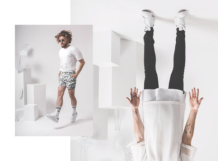 (Left) shoes Adidas, socks Adidas, shorts Asos , t-shirt Rockamora, glasses ASOS (right) mesh-shirt AQ/AQ, shoes Adidas, pants H&M , t-shirt Rockamora