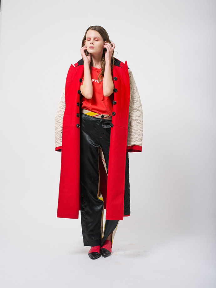 T-Shirt: Gosha Rubchinskiy SS/15 - Coat: Dries Van Noten Men - Pants: Kenneth Izedonmwen - Slippers: Jackie Lee