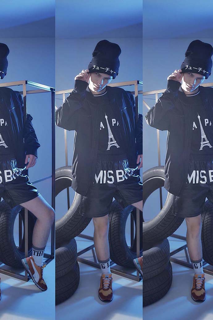 hat type of "Beanie": MISBEHAVE MISBHV. - Ortalion jacket: PiFashion by Arkadius. - blackt T-shirt: Criminal Damage London. - shorts: MISBEHAVE MISBHV
