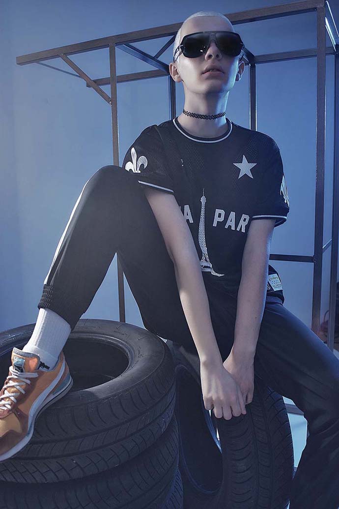 glasses : Arkadius Googles. - Tattoo Choker Jacket: Clairie's / C.H. Arkadia. - black t-shirt : Criminal Damage London. - tracksuit : MISBEHAVE MISBHV. - socks: Malita Clothing / mustache.pl - boots: PUMA TX-3.
