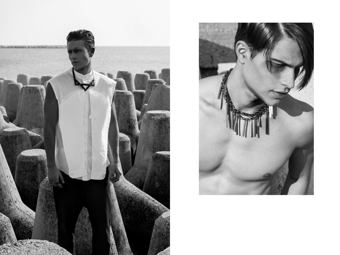 White sleevless shirt: LEFT Constantine Papa, Black trousers: Dido, Leather necklace: Aumorfia, Rings: Bunny Tales. RIGHT Bara statement necklace: Bunny Tales