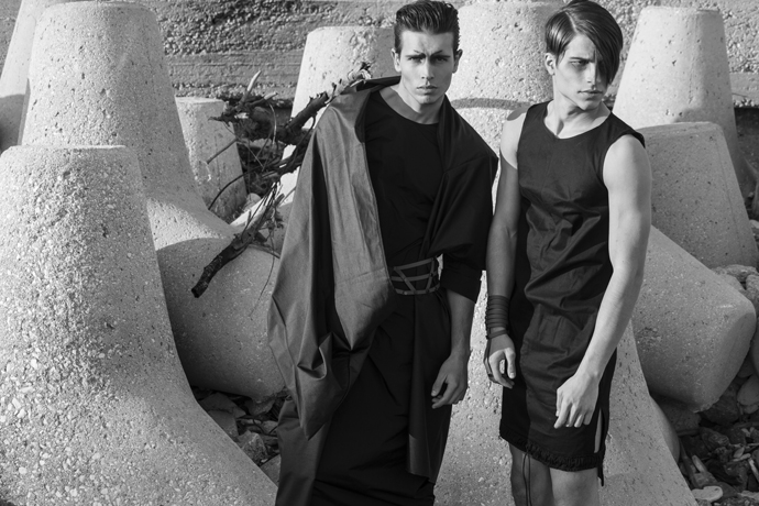 LEFT Coat: He-m-n-oid, Taffeta dress: Dido, Leather belt: Aumorfia. RIGHT Sleeveless dress: Embrace, Leather Cuff and handpiece: Aumorfia