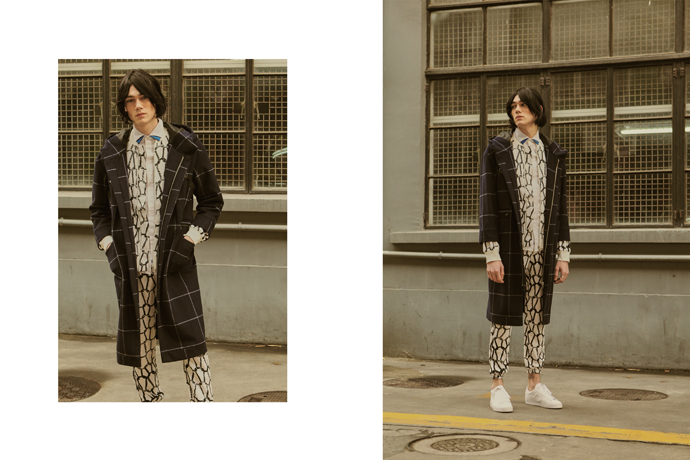 White shirt by FENG CHEN WANG Printed pattern jacket and pants by MEZUDE Checked pattern coat by Daniele Guo 
