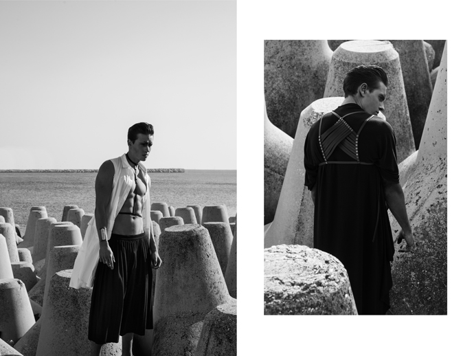 LEFT White sleeveless shirt: Embrace, Leather bodypiece: Aumorfia, Bracelet: Marmarometry, Black skirt: Dido. RIGHT Black top: He-m-n-oid, Leather bodypiece: Aumorfia