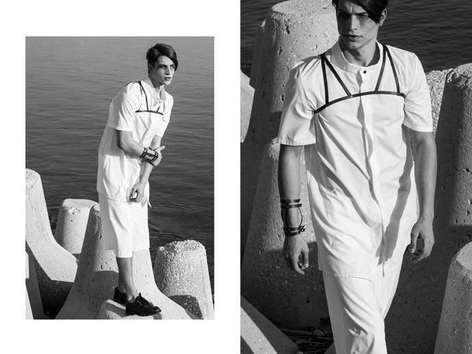 White shirt and shorts: Nepheli Vasiliki Messini, Leather cuff and bodypiece: Aumorfia, shoes: Jeffrey Campbell