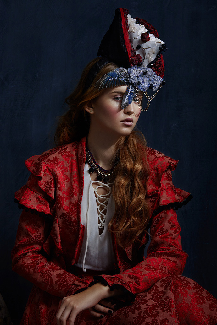 Headpiece: Le Roni, Jacket and Skirt: Made in Wonderland by Tonje Arnesen, Top: H&M, Tights: American Apparel, Necklace: River Island Shoes: Topshop