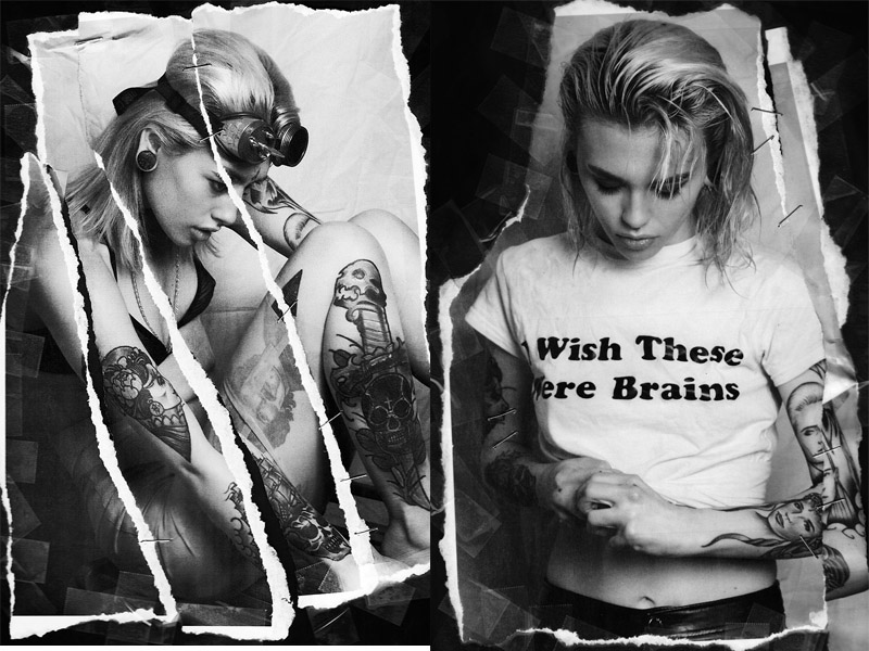 Left: Bra: American Apparel / Skirt: Kim West Latex / Googles: Stylists Own Right: T-Shirt: Stylists Own