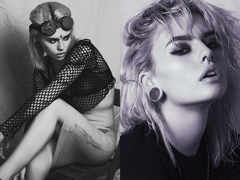 Left: Top – Models Own / Bra: American Apparel / Skirt: Kim West Latex / Goggles: Stylists Own // Right: Pullover: Acne Studios