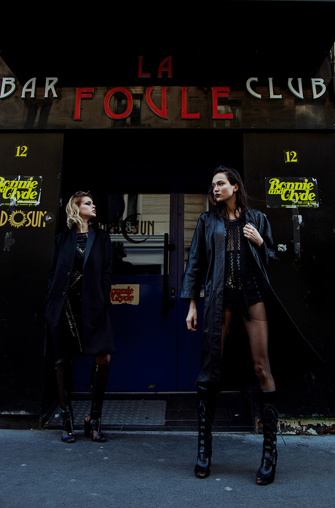 Charlotte: long coat: Rynshu dress : Elisabetta Franchi tights: Primark high boots : Elisabetta Franchi Katerina: long leather coat : AINUR TURISBEK fringed mesh top : Augustin Teboul short : Elisabetta Franchi