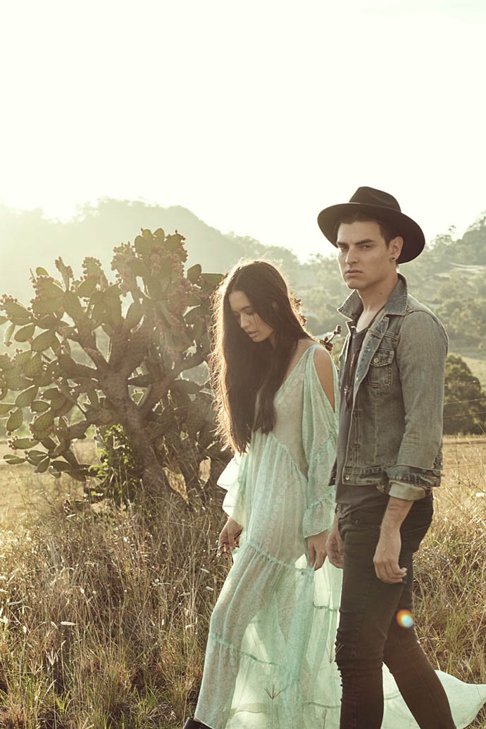 Maya is wearing- dress- Lisa Brown, earrings- Stannard inc, Sam is wearing - Brixton hat, Jeans- Strata, models own shir