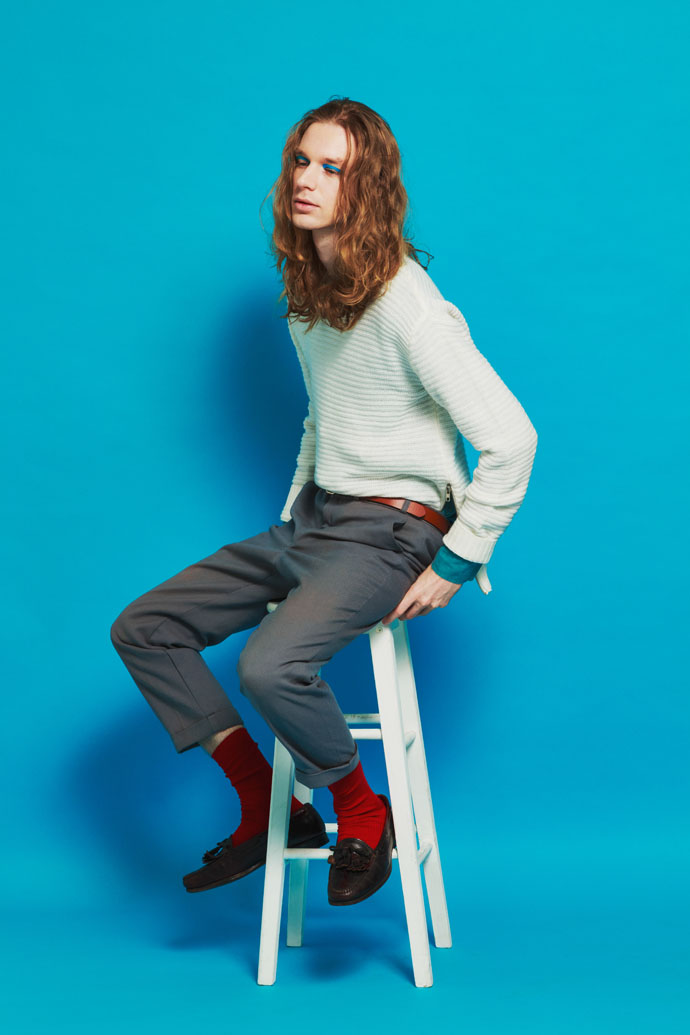 Cotton shirt, River Island Side zipper cable knit sweater, Keshiki Classic Suit trousers, The Kooples Leather belt, Paul Smith Socks, Levi's Leather fringe loafers, Cole Haan