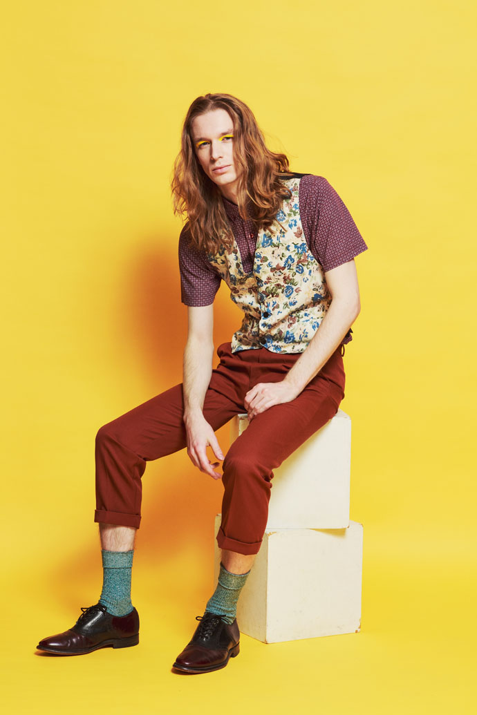 Cotton printed shirt, Burton Of London Cotton and polyester printed vest, Keshiki Classic Wool trousers, Keshiki Socks, Uniqlo Perforated lace-up oxford shoes, Bostonian