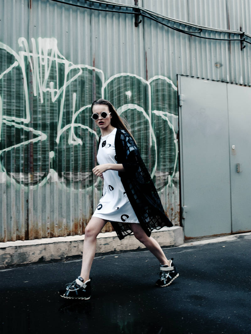 T-shirt with funny woman: Rochas Diaphanous jacket: Monreal London Sneakers: Ash