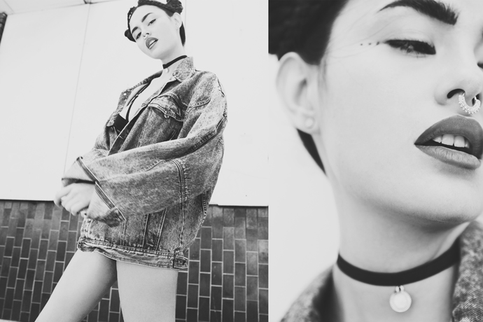 jeans jacket - Vintage top - Asos choker - Asos pants - Urban Outfitters boots - Doc Martens socks - Asos nose ring - River Island