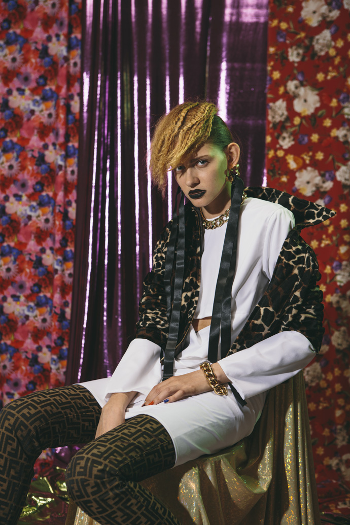 Jacket YSL Dress HELMUT LANG Pants FENDI Jewels PIKKIO