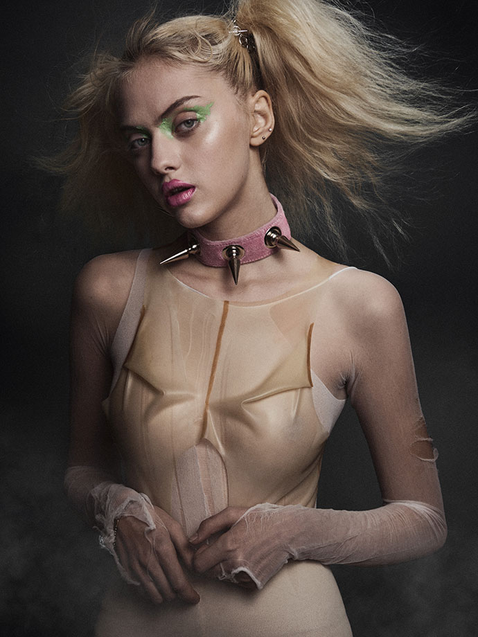 Latex top by Alex Ulichny, Bodysuit torn Nylon, Chocker from St. Marks