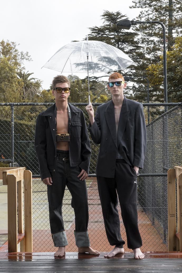 Left: Sun Glasses: Gentle Monster Pants: Levis Right: Suit Jacket: YSL Pants: Puma