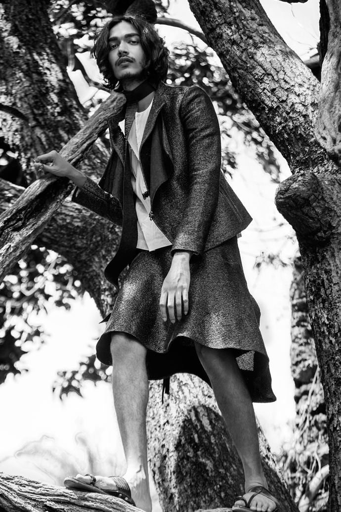Rabanne wears Jacket by Tom Rebl
Top by Tom Rebl
Skirt by Tom Rebl
Tie is Stylist own
Shoes are Stylist owned