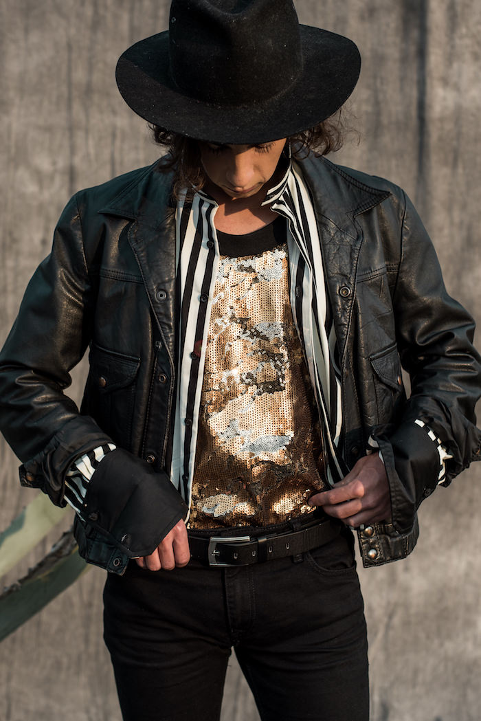 Leather Jacket - Second Attitude  Striped shirts - Custom at Augustine  Sequin Vest - Cult 11AD Skinny Jeans - Topman Hat - Oriental Plaza 