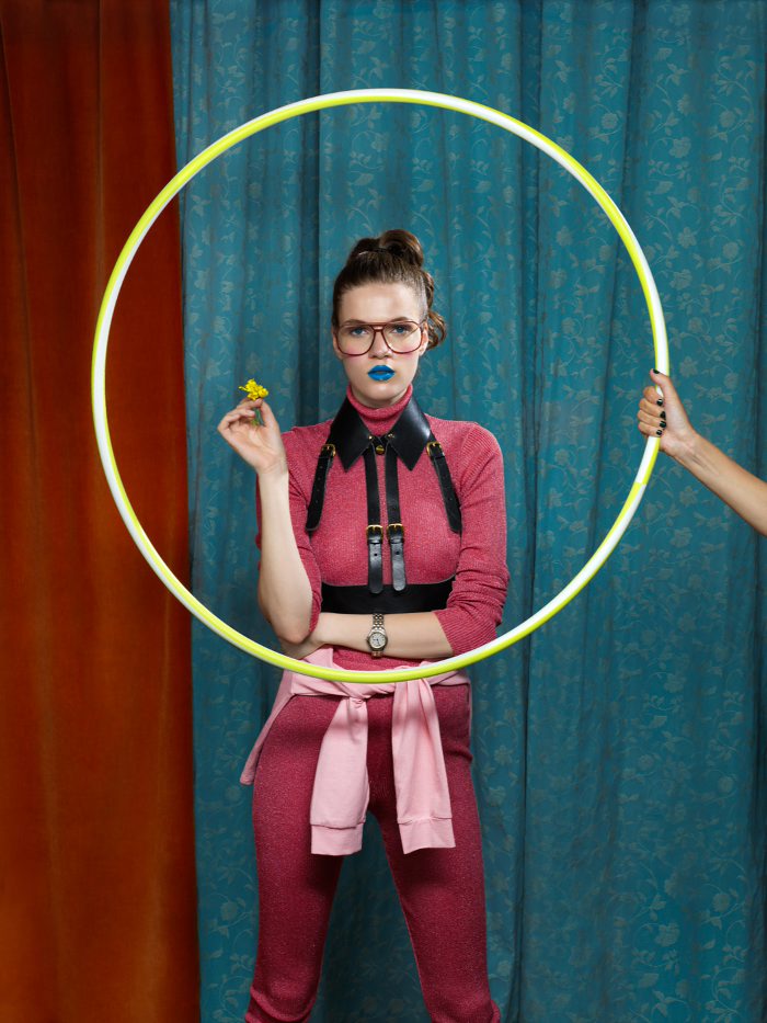 Top & Leggings by Marios Harness by Absidem Pink top around waist by Elisa Biroli Watch by Cartier Eyeglasses model’s own