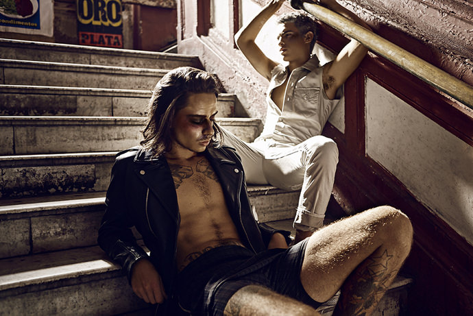 Left: Jacket by H&M Shorts by Diego López De La fuente Right: One-piece by Michael Florian Shoes by Converse 