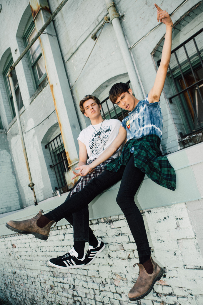 Dexter - Jean: Denver Hayes, Plaid Shirt: Vintage, Shirt: Mac Demarco merch, Shirt: Vintage Tie/Dye, Shoes: Adidas Patrick - Beanie: American Apparel, Plaid Shirt: Topman, Shirt: RUTS merch, Shoes: Blundsones, Pants: Levi’s