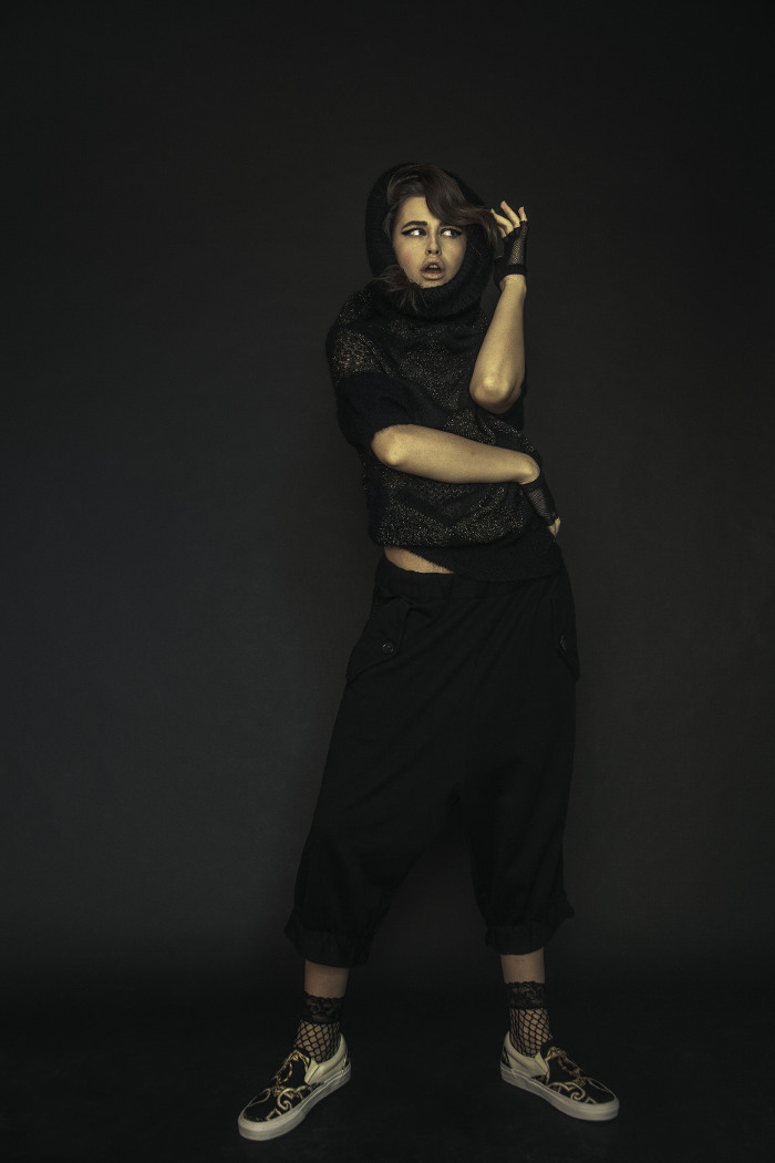 wool and lurex asymmetrical sweater Junya Watanabe, cropped sweatpants w/sequined tuxedo stripe Tricot Comme Des Garcons, Lace trim anklet by Hue,  custom Hermes slip on by Vans