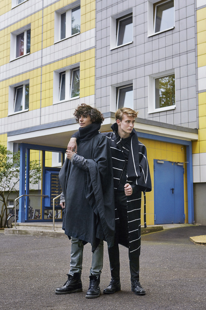 Vintage cape by Costume National Vintage jeans by Dior Homme by Hedi Slimane Cape coat by Henrik Vibskov Leather pant by Brownie and Blondie