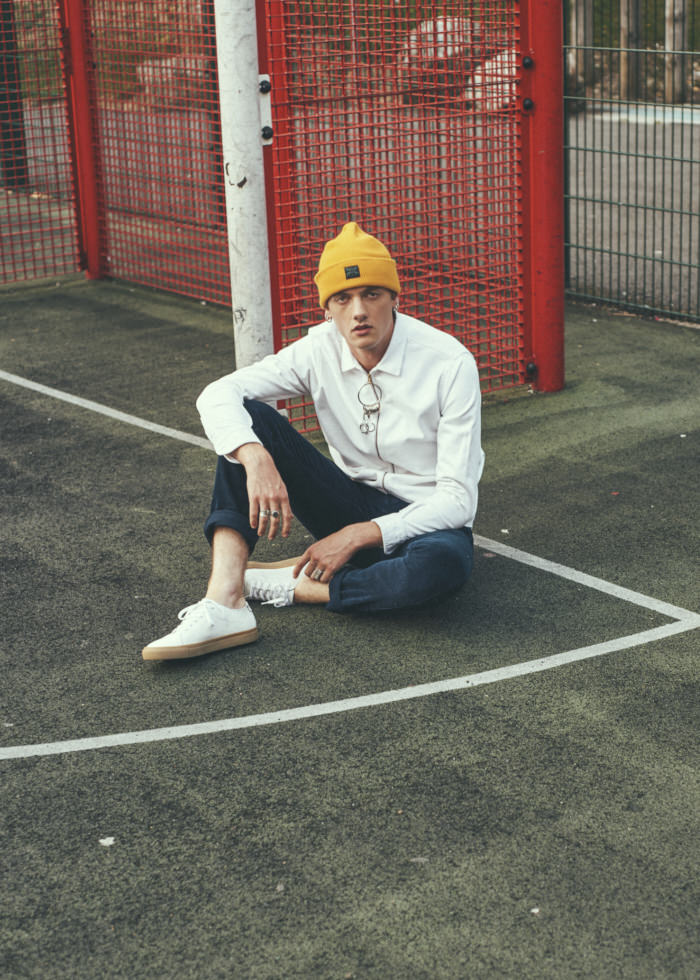 Hat: Kangol Jacket: Rascals DK Trousers: Edwin O-Rings: Emma Brie Shoes: Garment Project Jewellery: Models Own