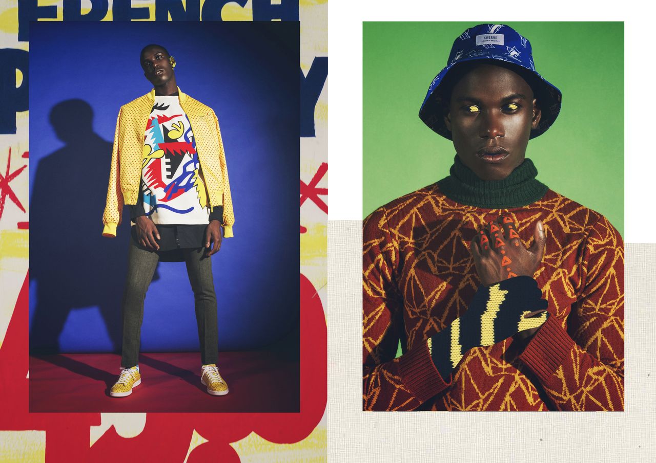 left: Jacket - Pharrell Williams for Adidas Top - Adriaan Kuiters & Jody Paulsen Shirt – Adriaan Kuiters Trousers - River Island Sneakers - Pharrell Williams for Adidas right: Bucket hat – 2Bop Jumper - CHULAAP
