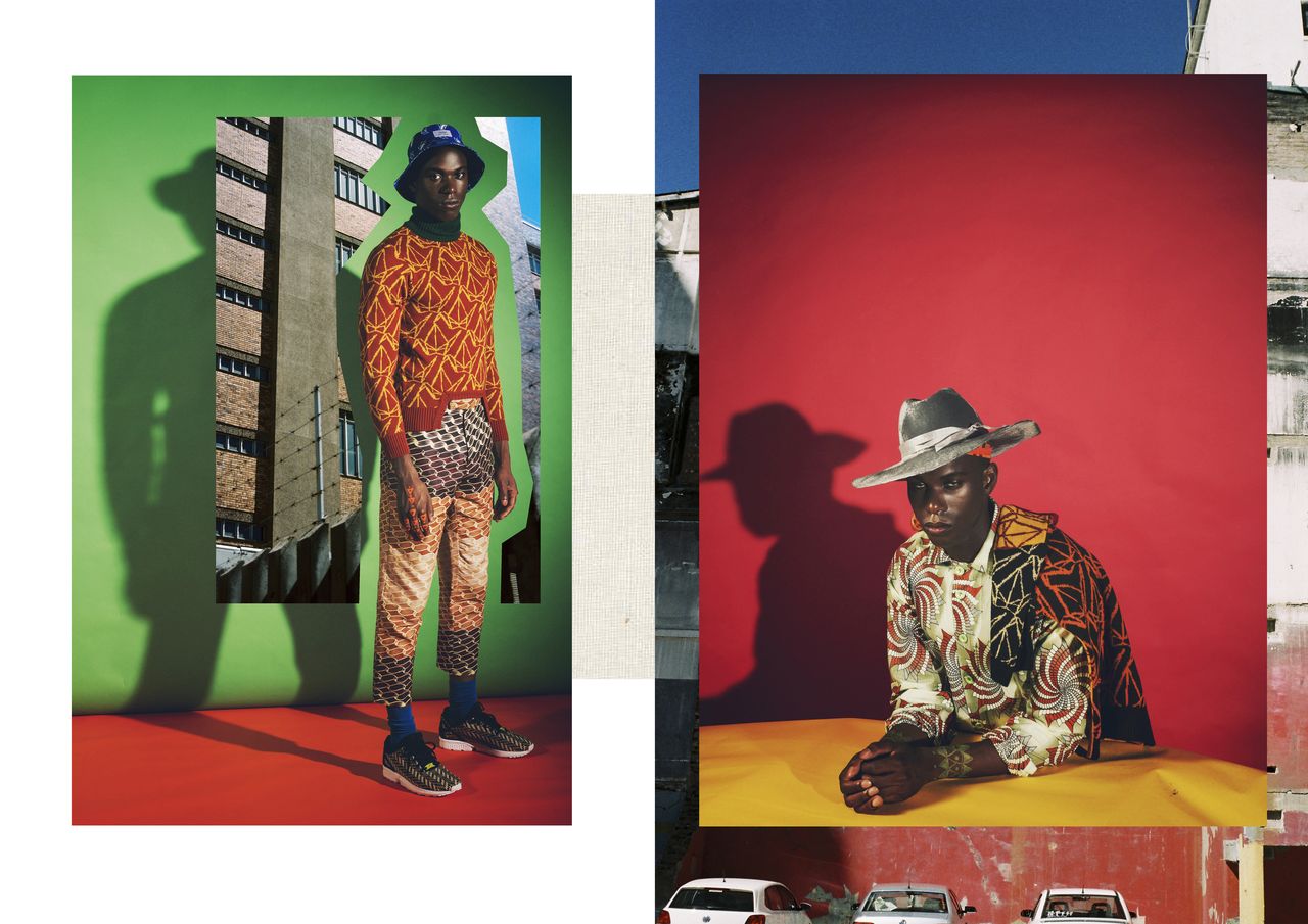 left: Bucket hat – 2Bop Jumper - CHULAAP Trousers – CHULAAP Socks – Topman Sneakers - Shelflife right: Hat – Crystal Birch Jumpsuit – CHULAAP Jumper - CHULAAP