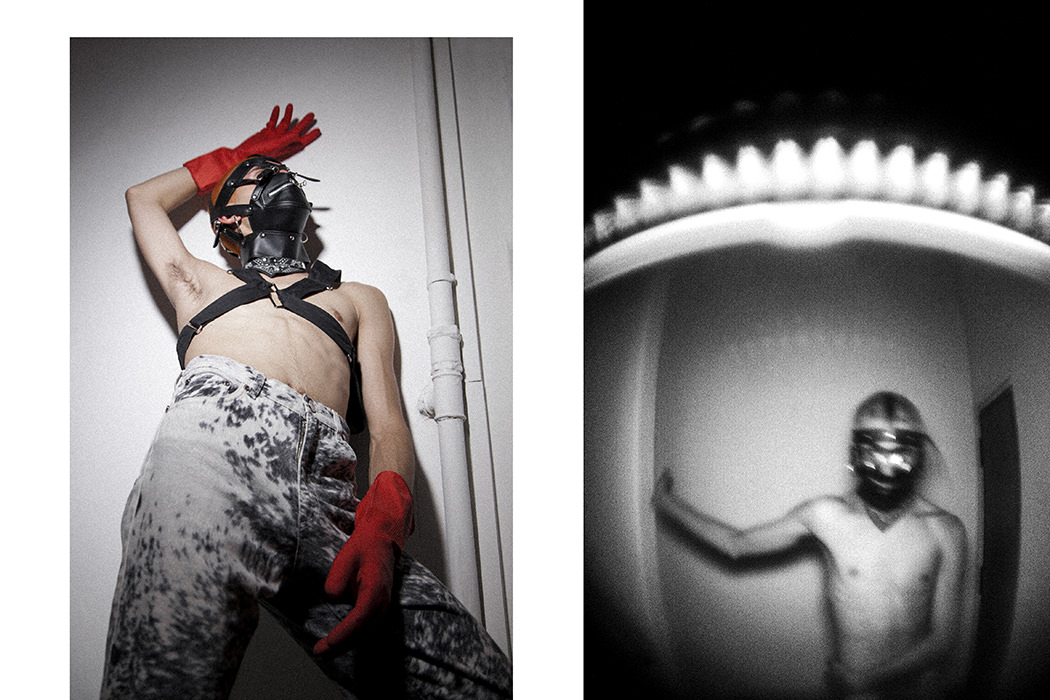 mask: Bondage mask
foulard: Matteo Carlomusto gilet: Tom Rebl trousers: Roberto Cavalli gloves: Kitchen gloves