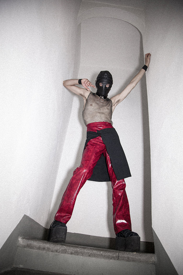 mask: Bondage mask choker: Matteo Carlomusto
top: Matteo Carlomusto trousers: Matteo Carlomusto skirt: Matteo Carlomusto platform shoes: Y.R.U.