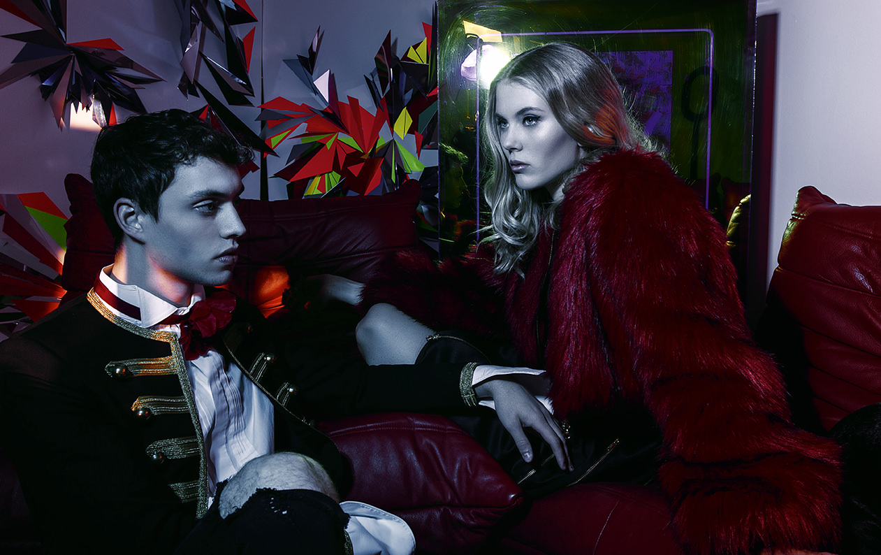 Gerry : Shirt by Van Laak, Jacket by Saint Laurent, Flower by Gucci, Shorts by H & M  Nina : Jacket by Tomas Hanisch 