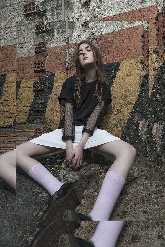 T-shirt by RU, socks (no brand), shoes by Dr.Martens 