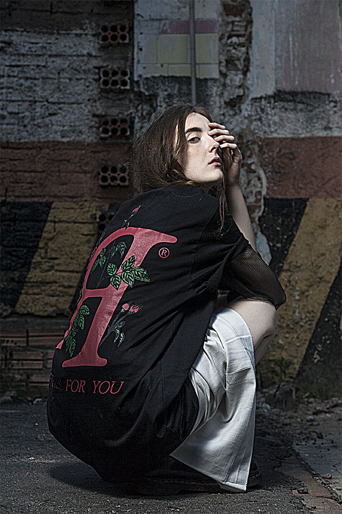 T-shirt by RU, socks (no brand), shoes by Dr.Martens 