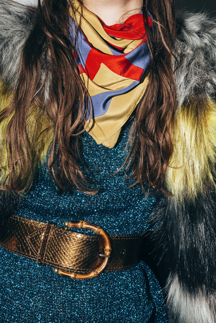 Synthetic fur by Zahjr foulard by Lanvin dress Vintage  belt by Yves Saint Laurent 