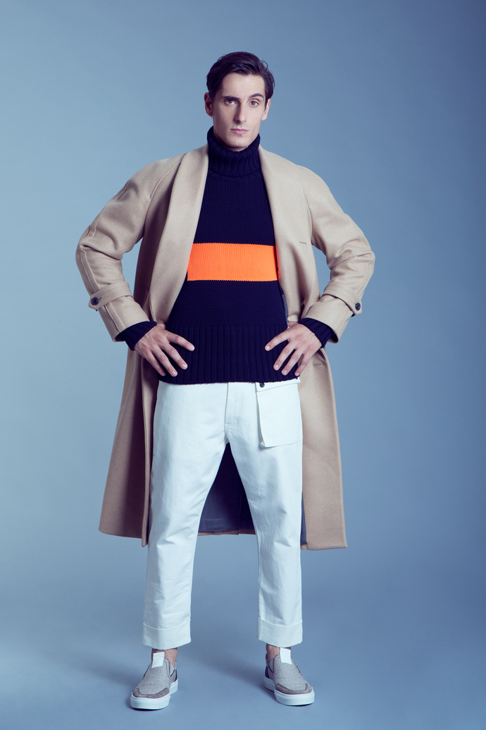 Coat: Wooster + Lardini Jumper: Wooster + Lardini Trousers: Wooster + Lardini Sneakers: Mariano De Vaio