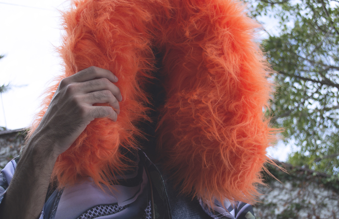 Fuzzy orange coat- Digby Jackson London Denim knit jumper- Knorts 