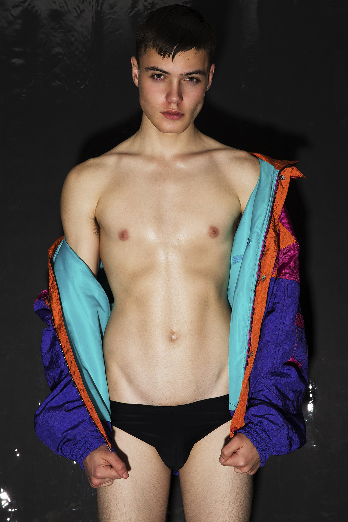 Ski jacket by American Vintage Clothing Co., swim briefs are stylist’s own.